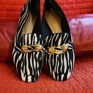 SCHUTZ Zebra-Print Loafers with Gold-Tone Hardware - Black & White